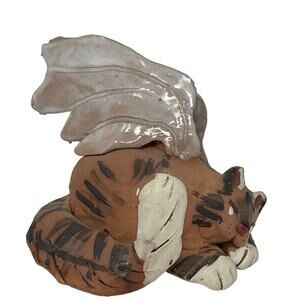 VTG Primitive Naive Folk Art Handmade Pottery Cat with Wings Figurine